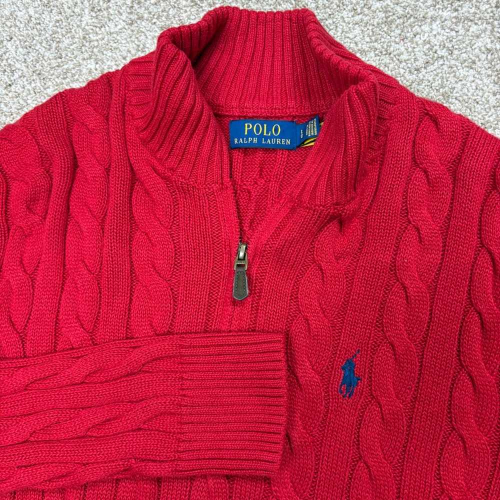 Polo Ralph Lauren Sweater Mens Large Red Cable Knit Quarter Zip Pullover Cotton